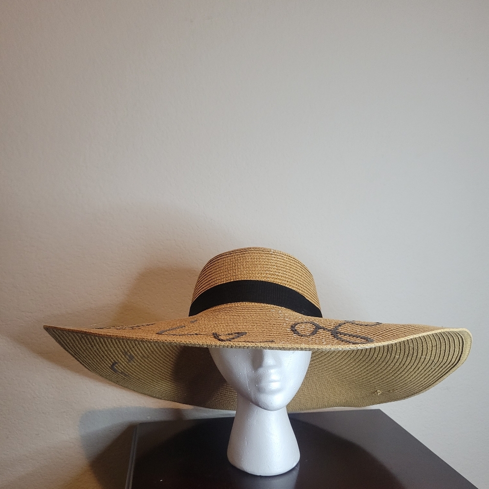 Tan and Black Straw Sun Hat with Wide Brim